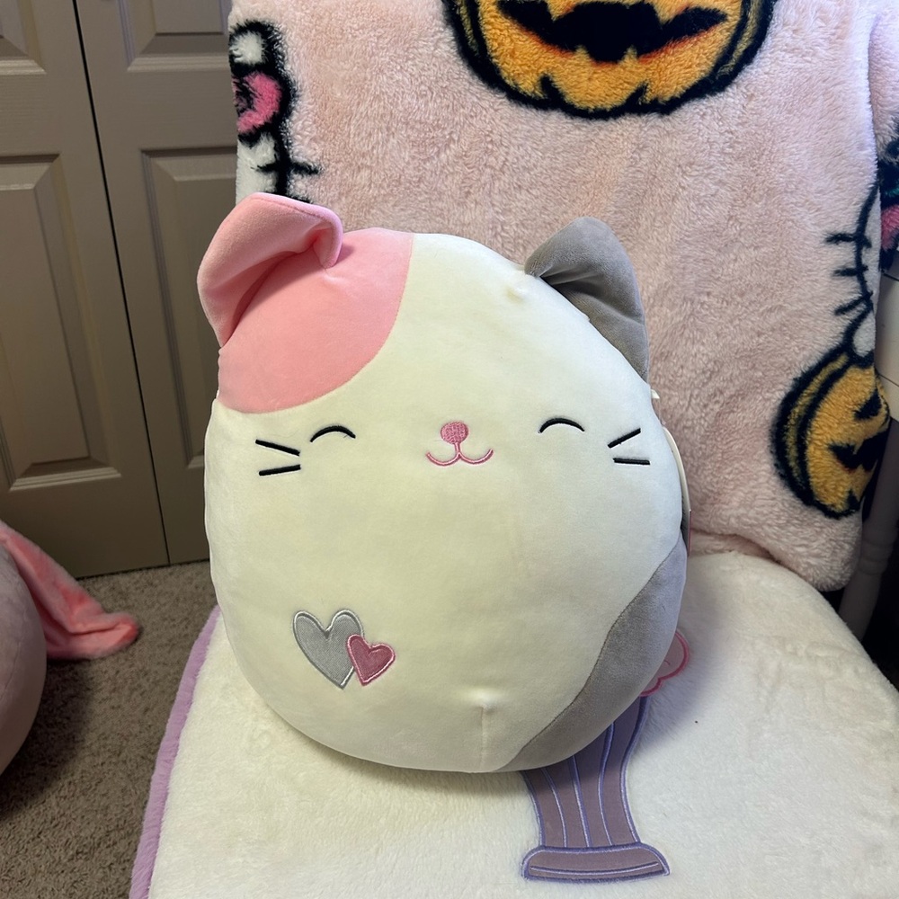 Squishmallows Pink and Gray Cat Plush with Kawaii Charm